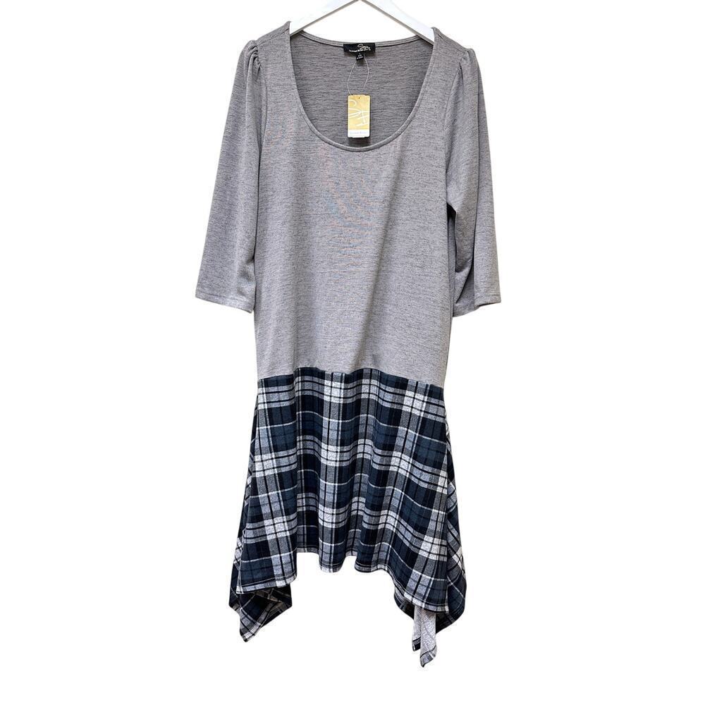 NWT Suzanne Betro Size Large Gray Multicolor Plaid Pullover Tunic Midi Dress